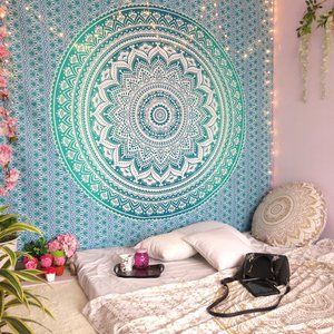 Mandala Blue and White Tapestry